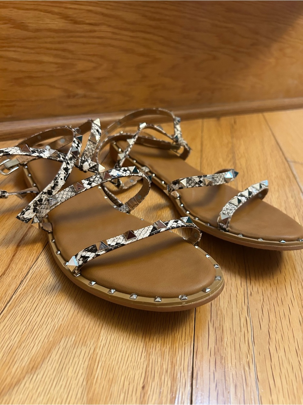 Studded Snake-Print Lace-Up Sandals - Brown